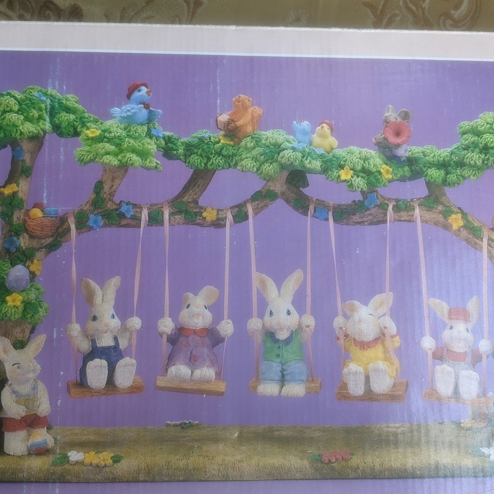 Easter Bunny Swing Figurine Set - Purple Accent Holiday Decor